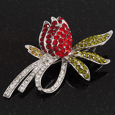 Rhodium Plated Crystal Rose Brooch (Red, Burgundy, Green & Clear) - main view