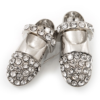 Rhodium Plated Crystal Shoes Brooch - main view