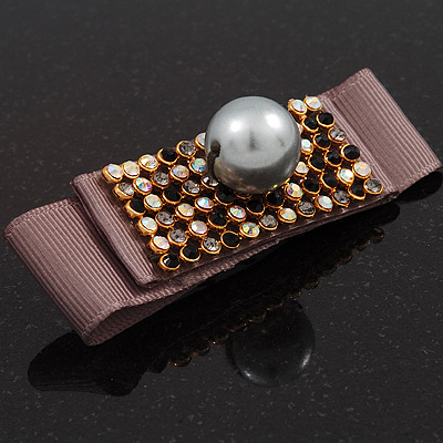 Grey Fabric Diamante Simulated Pearl Brooch - main view