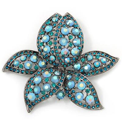 Large Light Blue/ Teal Diamante Floral Brooch/ Pendant (Silver Metal Finish) - main view