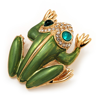Large Bright Green Enamel Swarovski Crystal 'Frog' Brooch In Gold Plated Metal - 4.5cm Length