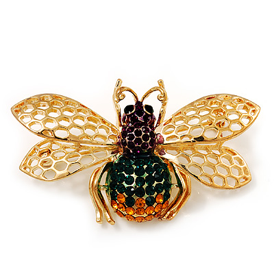 Multicoloured Swarovski Crystal Bee Brooch In Gold Plated Metal - main view