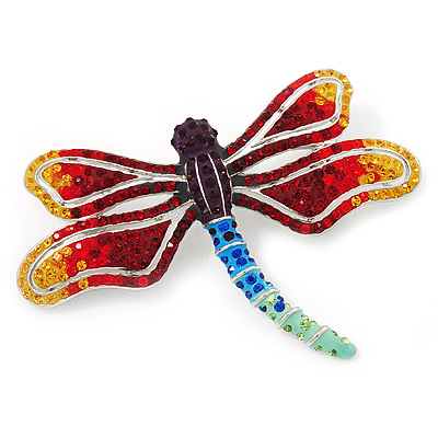 Multicoloured Austrian Crystal 'Dragonfly' Brooch In Silver Plated Metal - main view