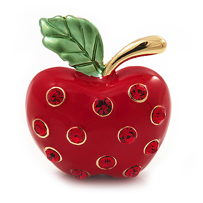 Bright Red Crystal Apple Brooch In Gold Plated Metal