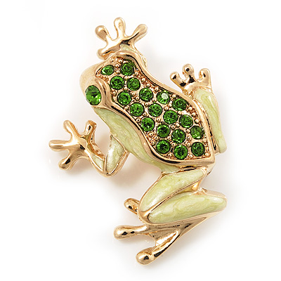 Small Salad Green Enamel Swarovski Crystal 'Leaping Frog' Brooch In Gold Plated Metal - 3cm Length - main view