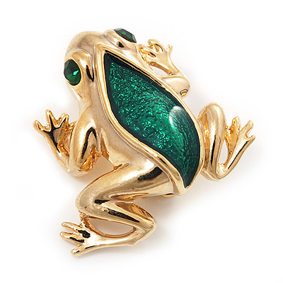 Small Green Enamel 'Frog' Brooch In Gold Plated Metal - 2.5cm Length - main view