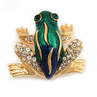 Funky Green/Blue Enamel Swarovski Crystal 'Frog' Brooch In Gold Plated Metal - 2.5cm Length - main view