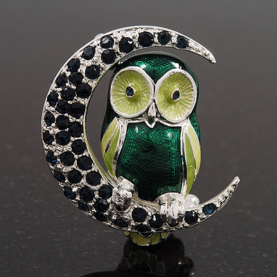 Green Enamel Crystal 'Owl On The Moon' Brooch In Silver Plated Metal - main view