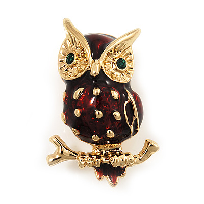 Small Brown Enamel 'Owl' Brooch In Gold Plated Metal - main view