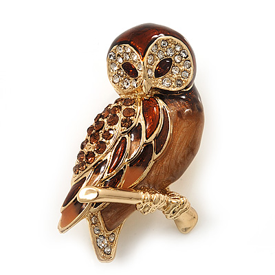 Brown Crystal Owl Brooch In Gold Plated Metal - main view