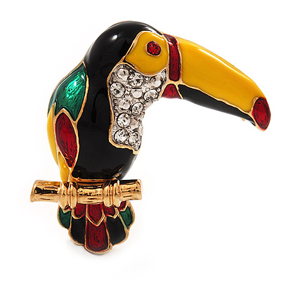 Exotic Enamel Crystal 'Parrot' Bird Brooch In Gold Plated Metal - 35mm L - main view