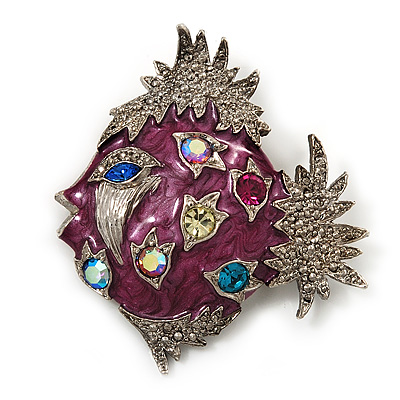 Purple Enamel Exotic Crystal 'Fish' Brooch In Silver Plated Metal - main view