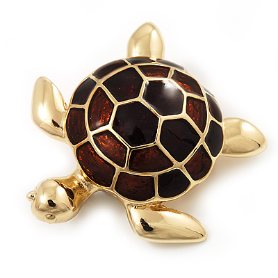 Gold Plated Brown Enamel 'Turtle' Brooch - main view