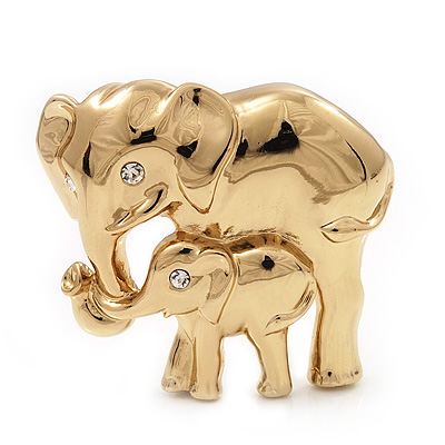 Gold Plated 'Mother&Baby Elephant' Brooch - 45mm Across