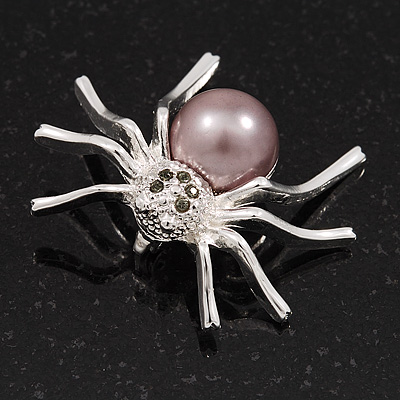Small Simulated Pearl 'Spider' Brooch In Rhodium Plated Metal -3cm Length - main view