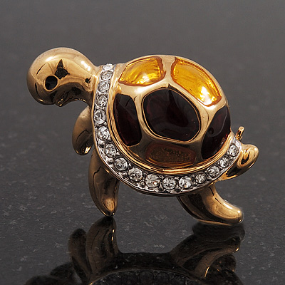 Small Crystal Enamel 'Turtle' Brooch In Gold Plated Metal - main view