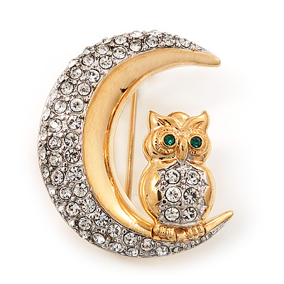 Clear Swarovski Crystal 'Owl On The Moon' Brooch In Gold Plated Metal - main view