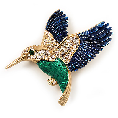 Multicoloured Crystal 'Hummingbird'  Brooch In Gold Plated Metal - main view