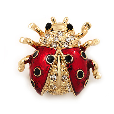Black/Red Enamel Crystal Lady Bug Brooch In Gold Plated Metal - 2cm Length - main view