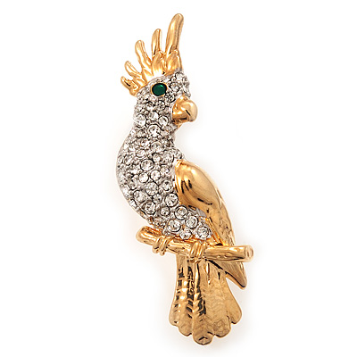 Gold Plated Clear Austrian Crystal Parrot Bird Brooch - 50mm L - main view
