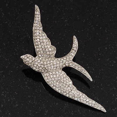 Swarovski Crystal Swallow Brooch In Rhodium Plated Metal - main view