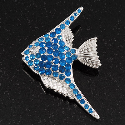 Blue Crystal Exotic 'Fish' Brooch In Rhodium Plated Metal - main view