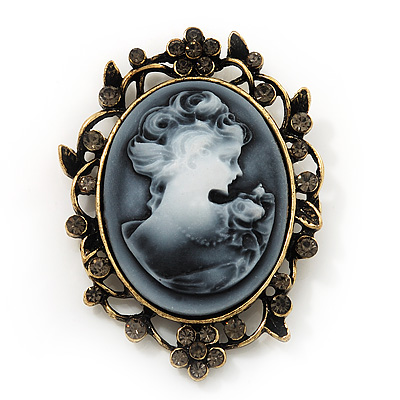Ash Grey Crystal Cameo 'Regal Lady' Brooch In Antique Gold Plating - main view