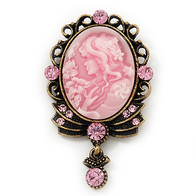 Light Pink Crystal Cameo 'Regal Lady' Brooch In Antique Gold Plating - main view
