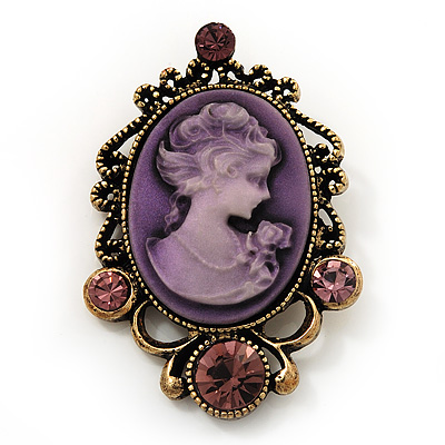 Purple Crystal Cameo 'Regal Lady' Brooch In Antique Gold Plating - main view