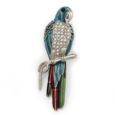Oversized Multicoloured Enamel 'Parrot' Brooch In Silver Plated Metal - 10cm Length - main view