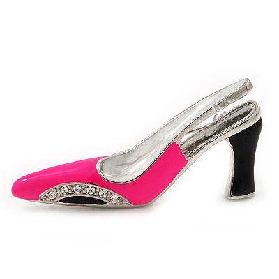 Bright Pink/Black Diamante Enamel 'Shoe' Brooch In Silver Plated Metal - 5cm Width - main view