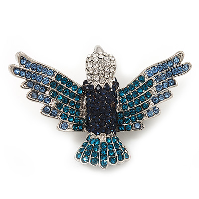 Blue Swarovski Crystal 'Flying Bird' Brooch In Rhodium Plated Metal - 5cm Length - main view