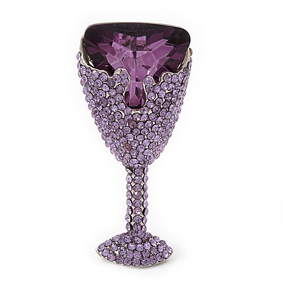 Purple/Lavender Swarovski Crystal 'Glass Of Champagne' Brooch In Rhodium Plated Metal - 6cm Length - main view