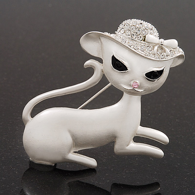 'Lady Cat In The Crystal Hat' Brooch In Silver Tone Metal - 5cm Length - main view