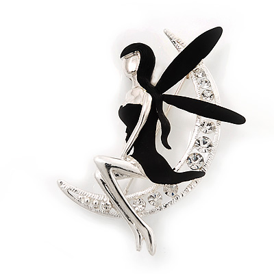 Silver Plated 'Fairy On The Moon' Crystal Brooch - 5.5cm Length - main view