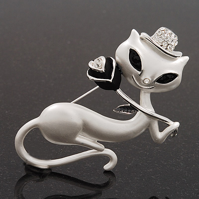 White Matte Enamel 'Lady Cat With Black Rose' Brooch In Silver Tone Metal - 5.5cm Length - main view