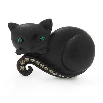 Cute Black 'Little Kitty' Diamante Brooch - 4cm Length - main view