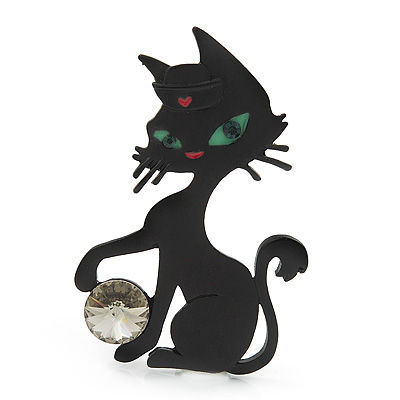 Black Matte 'Kitty With Green Eyes' Brooch - 5.5cm Length - main view