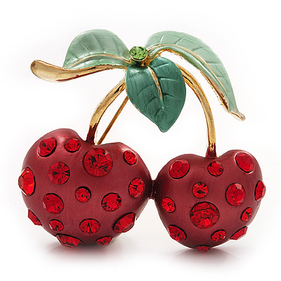 Large Diamante Enamel 'Double Cherry' Brooch In Gold Plated Metal - 5cm Length - main view