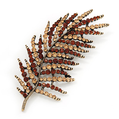 Stunning Large Crystal Leaf Brooch In Antique Gold Metal (Champagne/ Amber Coloured) - 9cm Length - main view