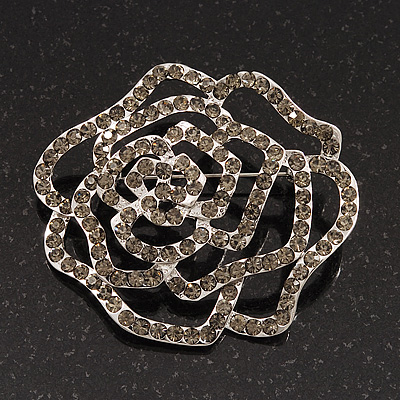 Silver Tone Ash Grey Swarovski Crystal 'Rose' Brooch - 6cm Diameter - main view
