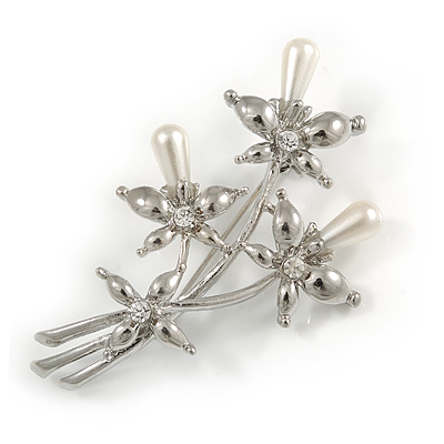 Fancy Faux Pearl Floral Brooch In Silver Tone Metal - 6.5cm Length - main view