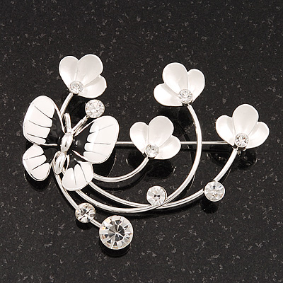Flower & Butterfly White/Black Enamel Crystal Brooch In Silver Tone Metal - 6cm Length - main view