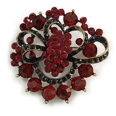 Burgundy Red & Jet-Black Diamante Corsage Brooch (Antique Gold Tone) - main view