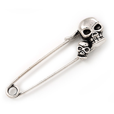 Double Skull Safety Pin Brooch In Silver Metal - 6.5cm Length - main view