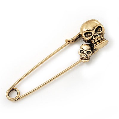 Double Skull Safety Pin Brooch In Burn Gold Metal - 6.5cm Length - main view