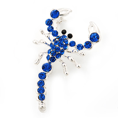 Royal Blue Diamante 'Scorpion' Brooch In Silver Finish - 4.5cm Length - main view