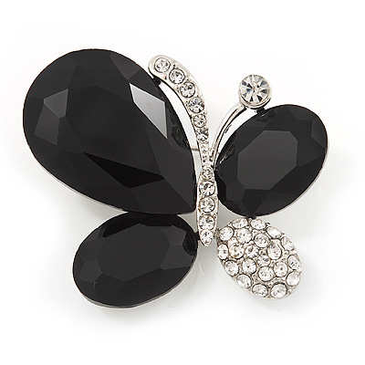 Black/Clear Diamante Asymmetrical 'Butterfly' Brooch In Silver Finish - 4cm Length - main view