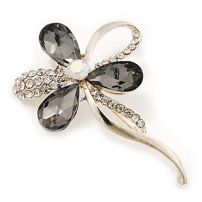 Abstract Light/ Grey Clear Diamante Floral Brooch In Gold Finish - 6cm Length - main view