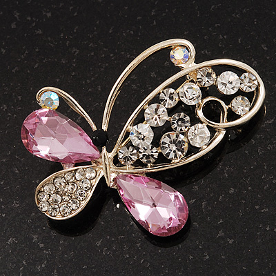 Asymmetrical Pink/Clear Diamante Butterfly Brooch In Gold Finish - 5cm Length